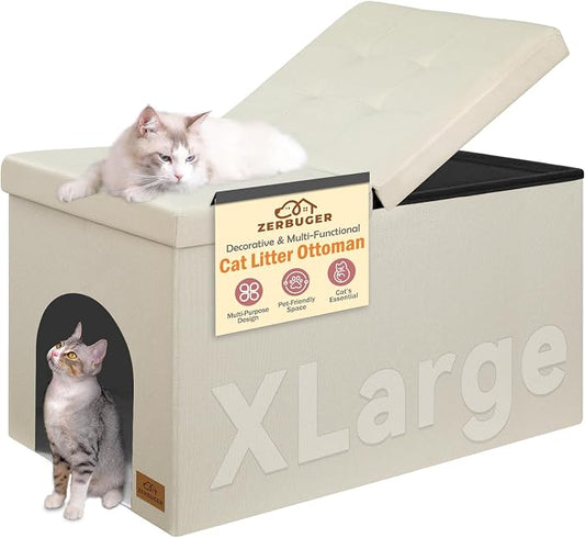 Zerbuger 3-in-1 Cat Litter Box Enclosure for Odor Control, Hidden Litter Box Furniture Cabinet Ottoman with Flip-Up Lid, Multi-Functional Bench with Storage Footrest, Dog Proof (Cream, X-Large)