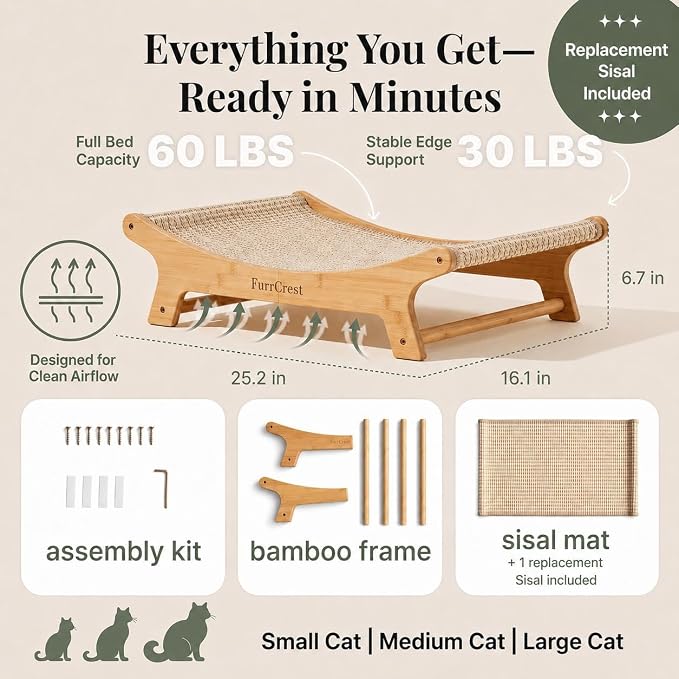 XL Cat Scratcher Bed + Replacement Sisal Pad Bundle – Elevated Cat Hammock Lounge, FSC Bamboo Frame, Natural Sisal Cat Scratcher for Indoor Cats, No-Wobble, Large Cat Bed, Natural Grey