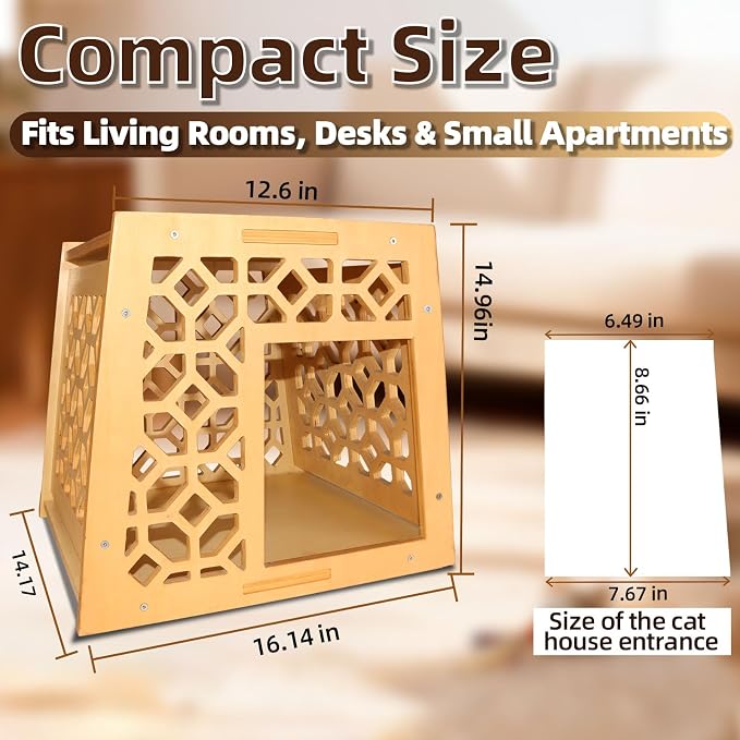 Indoor Solid Wood Cat House, Handcrafted Vintage Carved Hollow Design, Natural Wood Finish, Easy Assembly & Cleaning, Elegant Pet Shelter for Feline Friends
