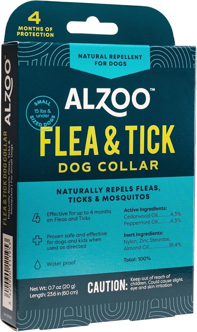 ALZOO Plant-Based Flea & Tick Dog Collar for Small-Sized Dogs: 15 lbs & Under, Helps Repel Fleas, Ticks & Mosquitoes, Waterproof, Up to 4 Months Protection, Cedarwood & Peppermint Oils, Single