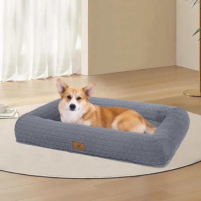 Plush Orthopedic Dog Bed for Medium Large Dogs, Memory Foam Bolster Sofa Bed with Removable Washable Cover, Waterproof Lining & Non-Slip Bottom (Grey-M)