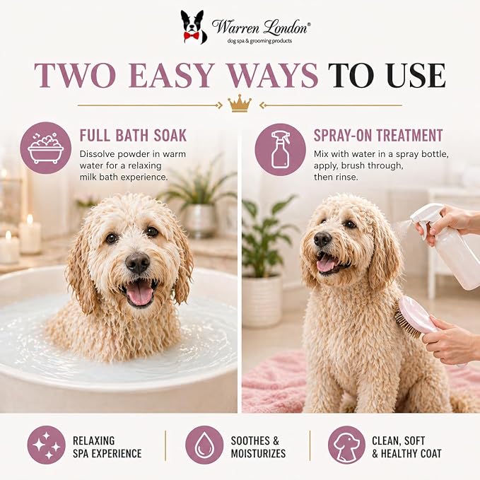 Warren London Cleopatra's Doggy Milk Bath | Luxurious Dog Shampoo and Conditioner w/Whole Milk Powder and Honey for Silky Smooth Coat | Use as a Full Bath Soak or Spray On Dog Shampoo | 12oz
