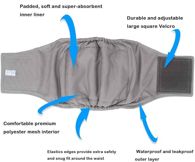Teamoy 3 Pack Male Dog Diaper Wrap with Gray Lining, Washable Puppy Belly Bands, Super-Absorbent and Comfortable(XS,7"-9" Waist)