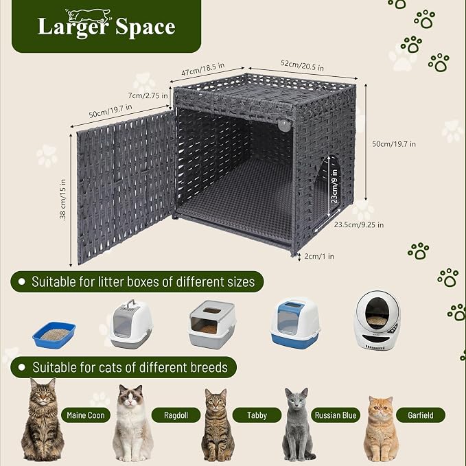 Neti Neti Cat Litter Box Enclosure Furniture, A Calm Enclosed Space Chosen by Cats, Handwoven Rattan Hidden Cabinet with 2 Removable Mats, Large Foldable Design for Indoor Use, Small, Grey
