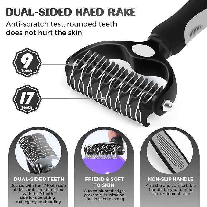 Large Dog Slicker Brush for Goldendoodles, Poodles - 3 in 1 Grooming Kit with Undercoat Rake & Comb - Extra Long Pins Slicker Brush for Dematting, Thick Coats, Shedding, Detangling, Black
