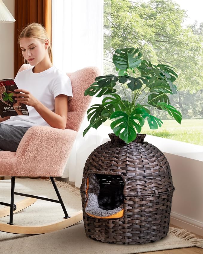 SETVSON Cat Litter Box Plant Furniture Enclosure, Hidden Handwoven Rattan with Cat Litter Box and Artificial Plants, Odor Control Filter, Real Stones in Living Room, Bedroom, Corner (Brown)
