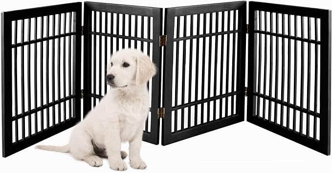 Urnporium Pet Dog Gate Freestanding, Strong Durable Folding Wooden Fence, Portable Acacia Hardwood Safety Barrier for Indoor & Outdoor Use (Black Pet Gate, 4 Panel 24" Tall)