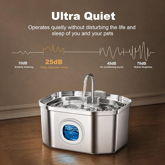 Cat Water Fountain, Apauk 108oz/3.2L Silent cat Water Fountain Stainless Steel, Cat Fountain, Automatic Dog Water Fountain,Controllable Blue Light - (2 Filters& 2 Sponges)