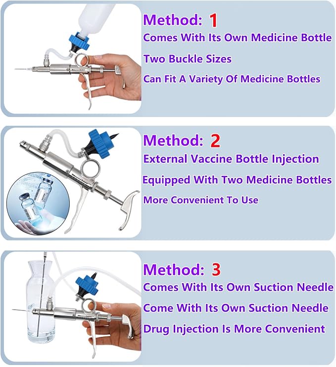 5ML Livestock Syringe Gun, Automatic Self Refill Injection Gun Continuous Adjustable Bottle Attachment Livestock Animal Syringe with 10 Needles, for Chicken, Duck, Pig, Sheep, Cow Poultry