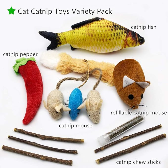24 Cat Toys Kitten Catnip Toys Variety Pack - 3 Way Tunnel, Interactive Wand, Fish, Mouse, Crinkle Balls, Kitty Chew Toys, Feather - Deluxe Toy Set for Christmas Birthday, Color Random
