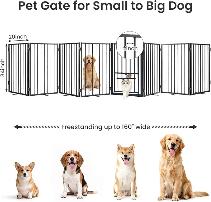 Metal Freestanding Dog Gate with Cat Door for Outdoor & Indoor,34" Tall Foldable Pet Fence,160" Extra Wide Dog Gate for RV Camping,Stairs,Hallways,Doorways,Deck,Yard,with 7PCS Support(8 Panels,Black)