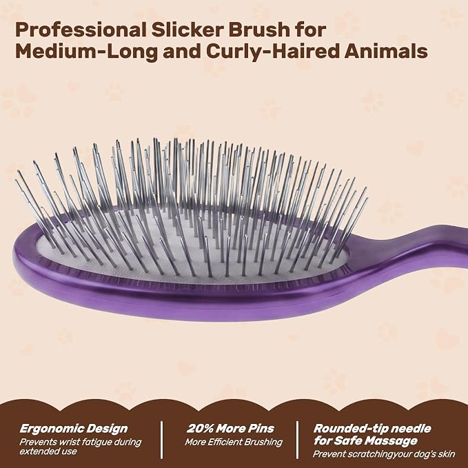 Slicker Brush for Dogs, Professional Pet Grooming Brush, 27mm Oval Stainless Steel Pin, Sparkle Glitter Handle, Anti-Static Round-Tipped Pins, Gentle Massage & Shedding Comb for Long Haired Dogs