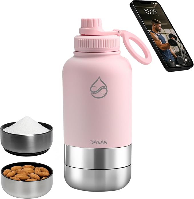 DASAN MagSafe Water Bottle 32oz – Stainless Steel Insulated Magnetic Water Bottle Holder With Phone Stand, Tripod Mount, Snack Compartment & Pill Storage – Leakproof Bottle For Gym, Travel and Work