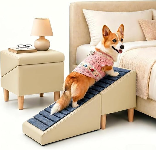 Dog Stairs for Small Dogs, Dog Stairs for Couch& Bed, Non-Slip Foldable 2-in-1 Pet Steps for Cats, Leather Ottoman (Khaki, Large)
