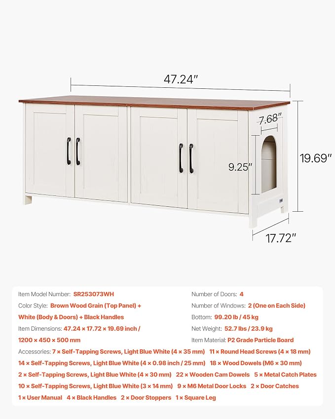 VEVOR Cat Litter Box Enclosure for Multi Cats, 47.2 in Hidden Litter Box Cabinet with 4 Doors & 2 Entries, Indoor Cat Washroom, Wooden Kitty House Furniture, Fit Most Litterboxes, Brown & White