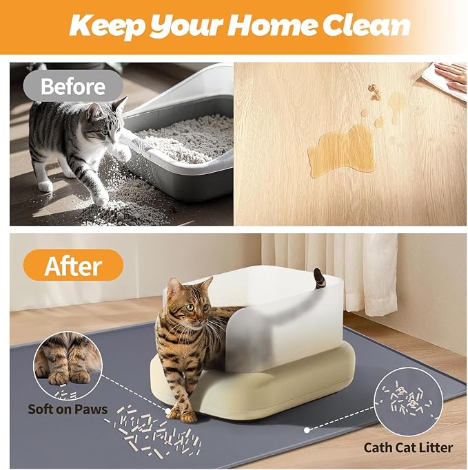 Kalolary Cat Litter Mats, 51" x 25.6" Extra Large Silicone Cat Mat for Litter Box, Easy to Clean Kitty Litter Trapping Mat, Soft on Kitty Paws, Waterproof, Urine-Proof Kitty Litter Mats for Floor,Grey