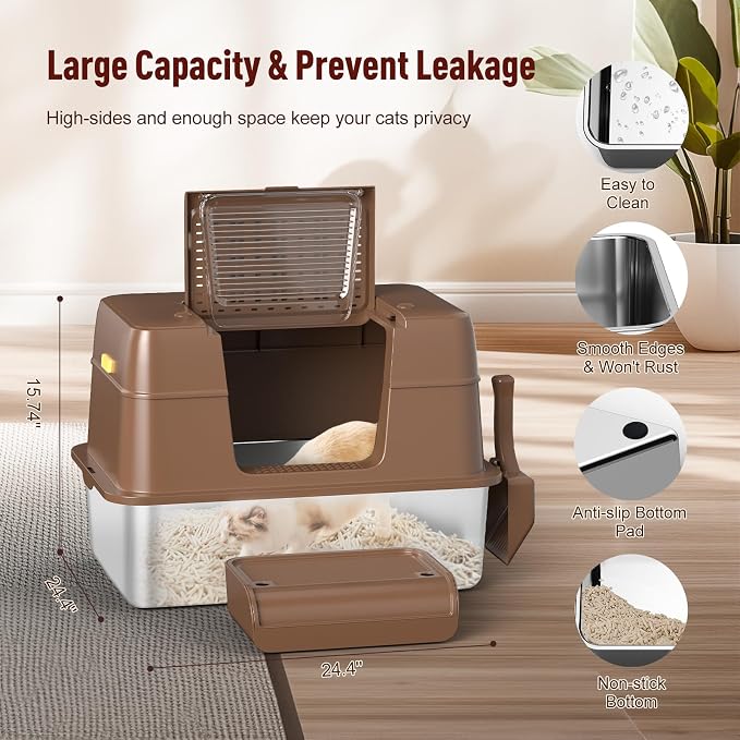 Stainless Steel Extra Large Litter Box with Lid for Big Cats, High Sided, No Odor, Non-Sticky, Anti-Leakage (Brown)