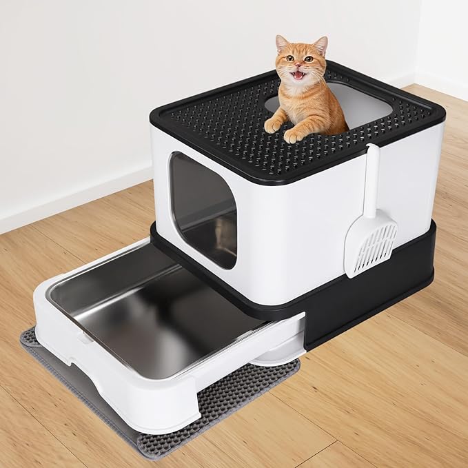 RIZZARI Large Enclosed Stainless Steel Cat Litter Box – Dual-Entry Leakproof Design with Pull-Out Sifting Tray, Easy-Clean Non-Stick Surface & Odor Control for Multi-Cat Homes