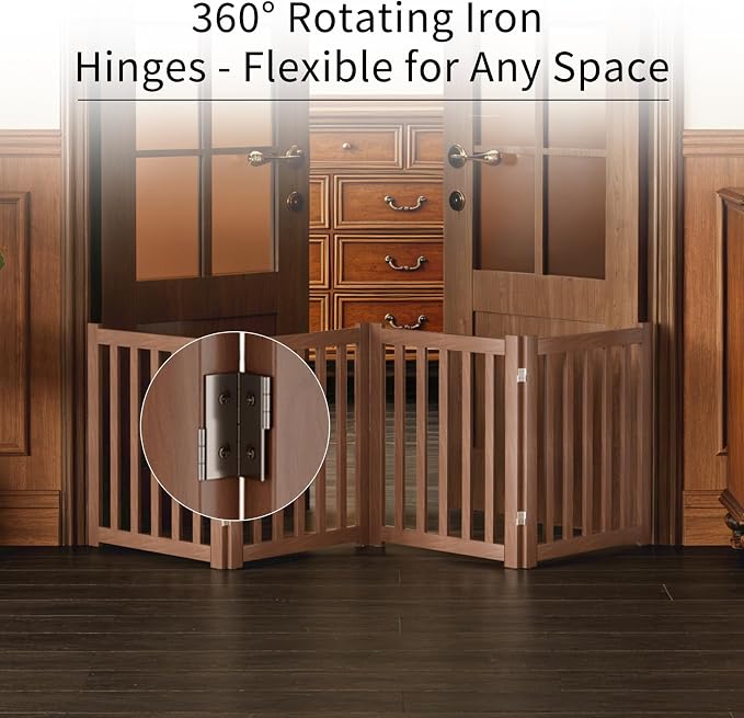 4-Panel Solid Wood Dog Gate - Freestanding Folding Pet Gate for Doorways, Stairs, Indoor, 24" Height, No Installation Needed, Walnut