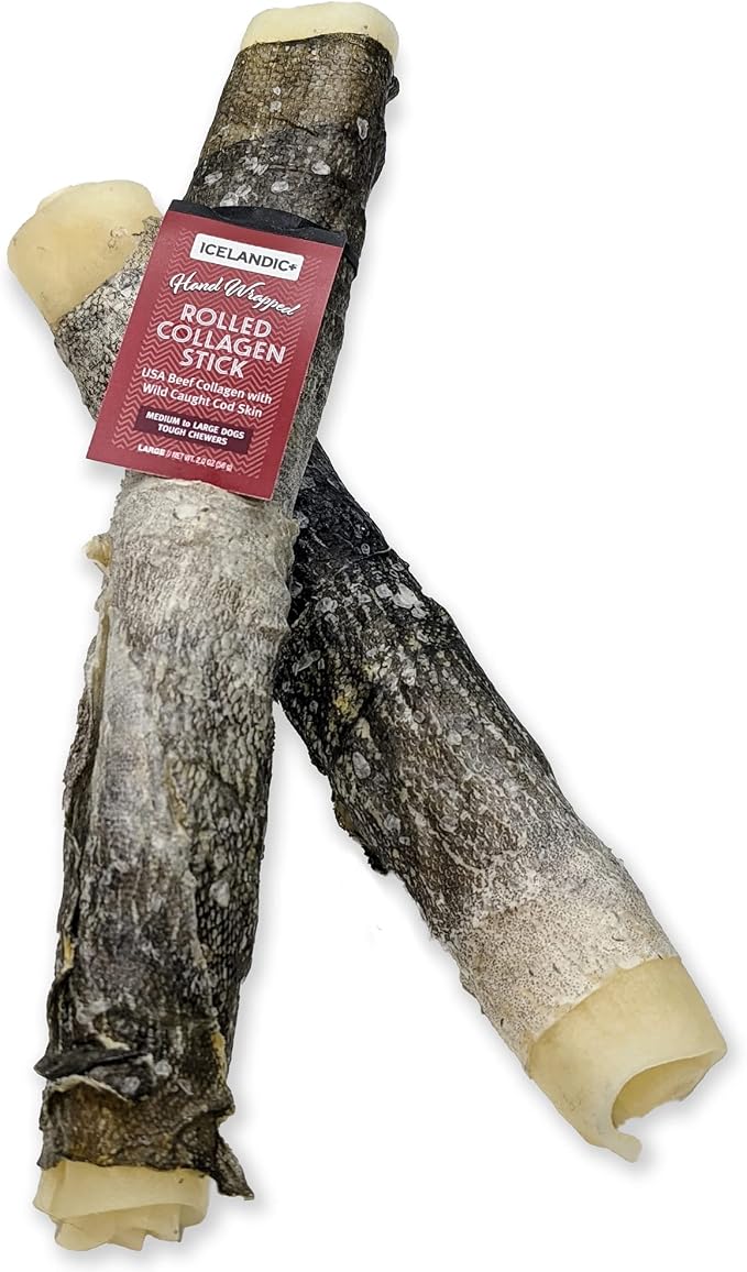Icelandic+ Rolled Collagen Stick: Beef & Cod Skin - 8" Dog Crew Treat, Hand-Wrapped Fish, 2 Ingredient Pet Snacks, Dental Health, Rawhide Alternative