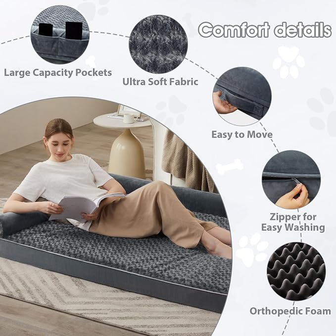 BFPETHOME Orthopedic Washable Dog Beds Large Sized Senior Dog for Comfy Sleeping with Removable Cover, Waterproof Big Soft Pet Couch Bed for Dogs Rerlax