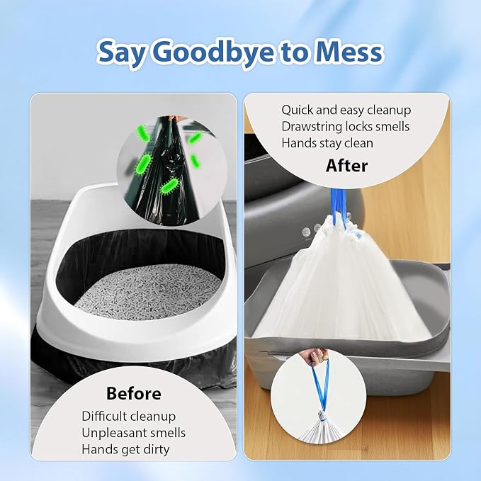 60 Count Drawstring Cat Litter Bags Compatible with Litter Robot 4 & 3,Thick Automatic & Self Cleaning Cat Litter Box Liners,Tear-Resistant Waste bags,Heavy Duty,Leak-Proof