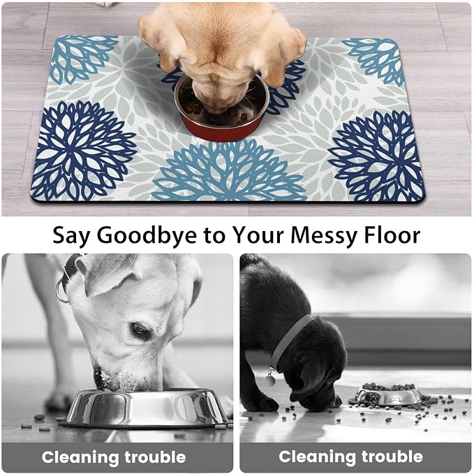Dog Food Mats for Floors, Absorbent and Quick-Drying Pet Cat Food Mat,Anti-Fouling and Easy-to-Clean Pet Feeding Mat,Dog Bowl Mat for Messy Drinking Water Bowls.17x27, Bohemia Dahlia Floral Style