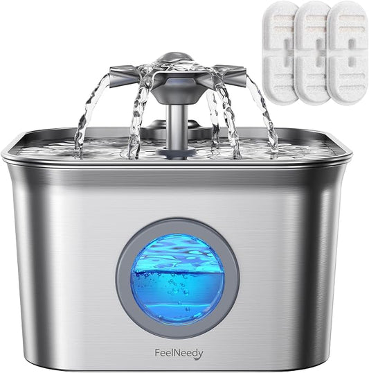 Stainless Steel Cat Water Fountain, 2.8L with 20dB Ultra-Quiet Pump- Ideal for Timid Pets, LED Water Level Window, Dishwasher Safe, 24/7 Circulation- Includes 3 Replacement Filters