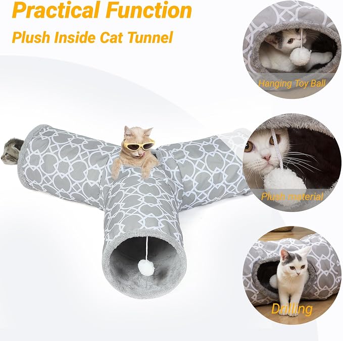 Geometric 3 Way Cat Tunnel with Plush Inside,Cats Toys Collapsible Tunnel Tube with Balls, for Rabbits, Kittens, Ferrets,Puppy and Dogs