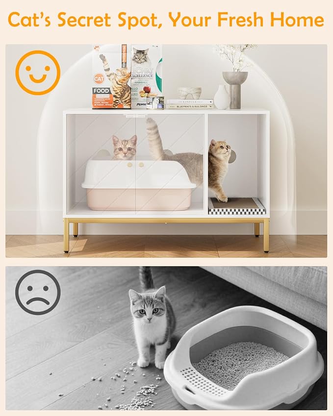 Cat Litter Box Enclosure, Modern Hidden Litter Box Furniture with Scratching Pad, Wooden Cat House Cabinet with Gold Metal Legs, Fit Most of Litter Box, White