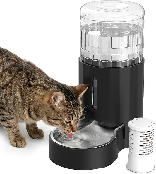 JUNSPOW Cat Water Dispenser with Filter and Stainless Steel Bowl, Automatic Gravity Water Dispenser for Cats or Small Medium Size Dogs, Large Capacity, Easy to Clean and Safe for Pets (4L Black)