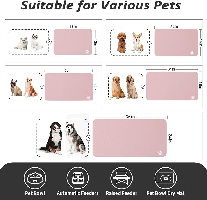 HotLive Dog Food Mat - Absorbent Cat Mat for Food and Water, No Stains Pet Feeding Bowl Mat, Easy to Clean Pet Placemats, Quick Dry Dog Water Dispenser Mat for Messy Drinkers | Paw Pink 16"x 24"