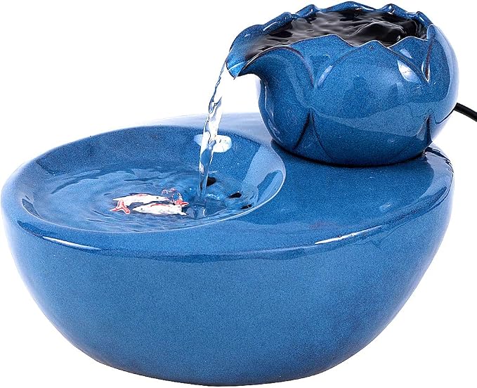 Ceramic Cat Drinking Water Fountain, 1.3 Liters Pet Water Fountains for Cats and Dogs, Electric Pet Water Dispenser with Quiet Pump and 5 Replacement Filters - Blue Lotus Style