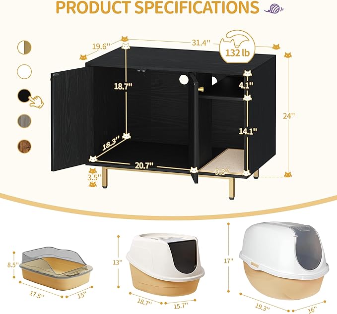 Hzuaneri Cat Litter Box Enclosure,Hidden Litter Box Furniture with Storage, Large Wooden Cabinet with Sisal Mat, Modern Cat Washroom for Living Room, Bedroom, Entryway, Black and Gold CB01504G