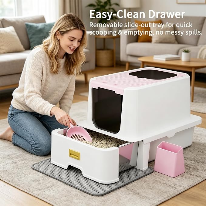 RIZZARI Pink Stainless Steel Cat Litter Box with Lid, Hidden Covered Kitty Litter Box with Drawer & Deodorizer Spray, Modern Top Entry Litter Box for Indoor Cats, Bedrooms, Apartments & Living Spaces