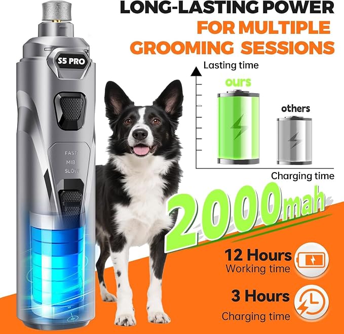 Whisper Quiet Dog Nail Grinder with 4 LED Lights, Safe & Stress-Free for Sensitive Dogs Cats of All Breeds & Sizes, 3 Grinding Bits, 3-Speed, Pet Nail Trimmers, Rechargeable Painless Grooming Kit Grey