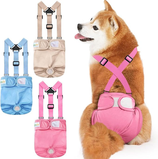 Idepet Female Dog Diapers with Suspender Detachable, 3 Pack Washable Reusable Girl Doggie Diapers for Small Medium Female Dog in Heat Period Cycle Urinary Incontinence Training M
