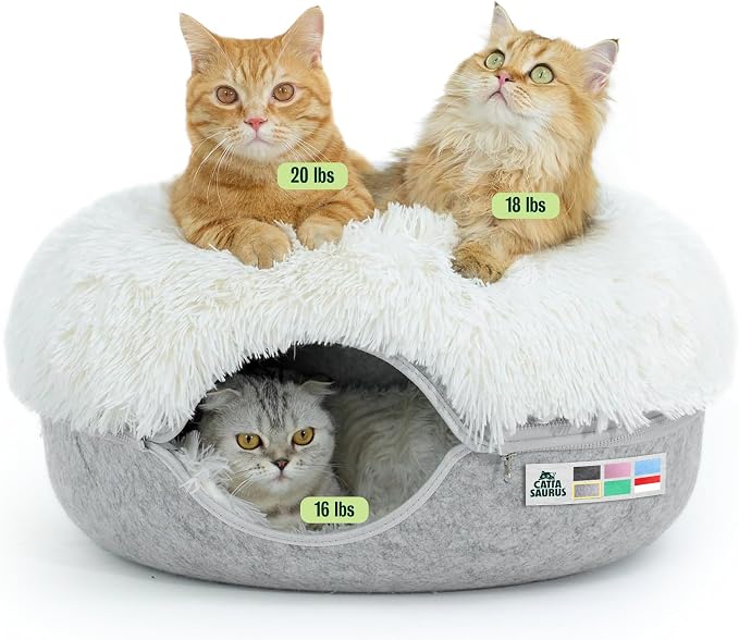 CATTASAURUS Peekaboo Cat Cave for Multiple & Large Cats Up to 30-45 Lbs, Fluffy Cat Beds for Indoor Cats, Scratch Detachable & Washable Tunnel Bed, Comfy Donut Cave (Light Gray, Large (Calming))