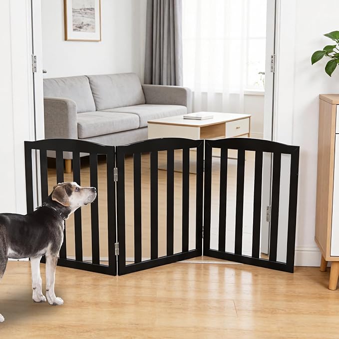 Freestanding Dog Gate Indoor,Doggie Gate Foldable Pet Gates for Doorways,Stairs or Hallways, Wooden Black Pet Gate for the House, Pet Fence,24 "Height-3 Panels