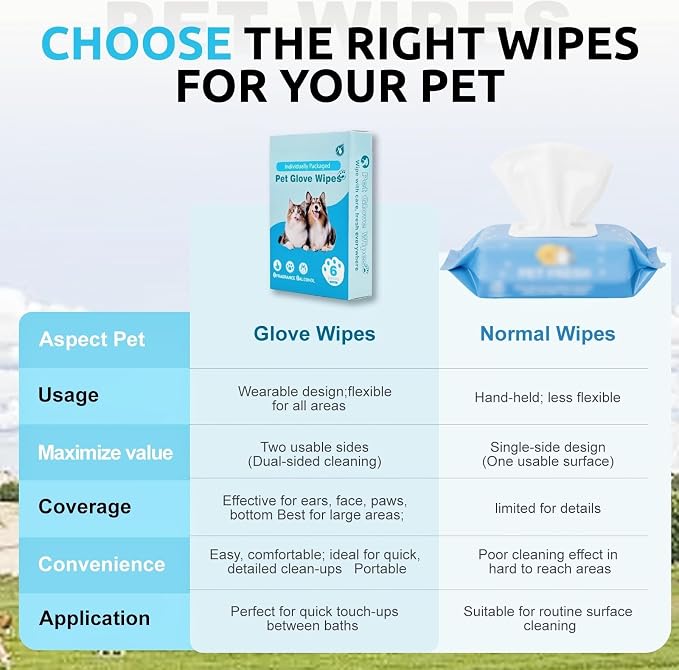 Pet Grooming Glove Wipes (6pc), Extra Thick Rinse-Free Bathing Gloves for Dogs & Cats, Unscented Hypoallergenic Deodorizing Wipes with Aloe & Glycerin, Portable Travel Pet Cleaning Supplies