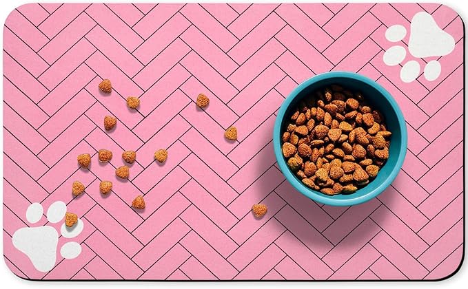 Dog Food Mats,Cat Absorbent Water Bowl Feeding Mats Pet Placemats for Food and Water Pink Wood Grain 17 * 30 inch