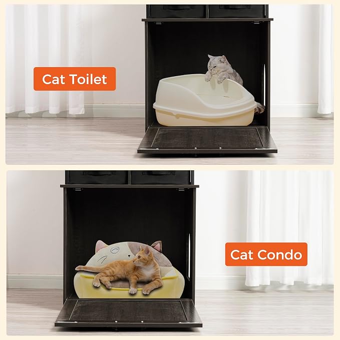 Dwanton Litter Box Enclosure with 3 Storage Shelves and 2 Drawers, 2-in-1 Hidden Cat Litter Box Enclosure Furniture with Shelf, Reversible Entrance, Washable Drawers, 61.8-Inch, Dark Grey