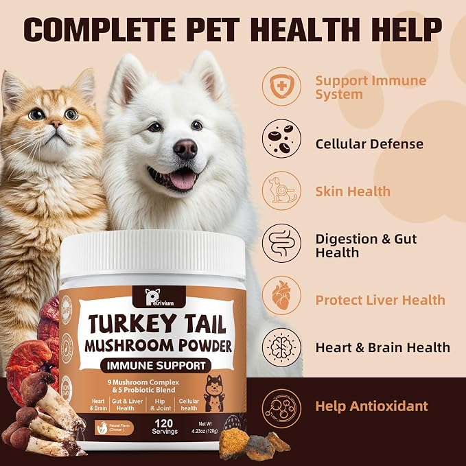 Mushroom Supplement with Probiotics for Dogs & Cats, Turkey Tail Mushroom for Pets - Mushroom Powder for Immune Boost & Overall Health- Partner Guard for Dogs Lumps and Bumps