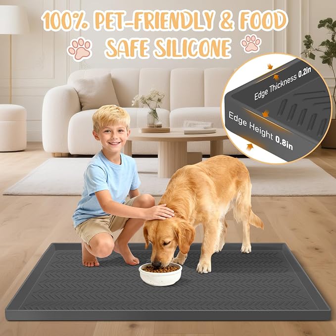 Kalolary Silicone Dog Feeding Mat, 48”x 16” Waterproof Pet Feeding Mat with High Raised Edge Avoid Spill Out, Nonslip Dog Bowl Placemats Cat Feeding Mats for Floors Easy to Clean, Grey