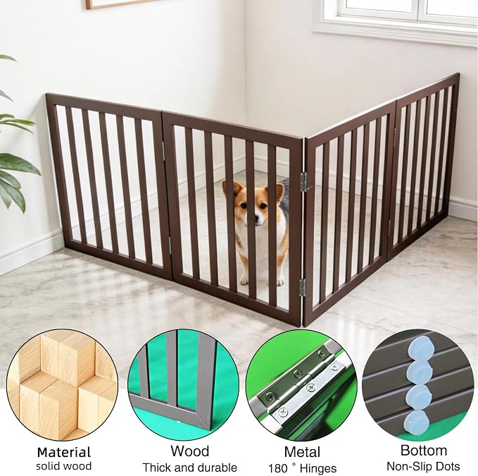 Dog Gate Indoor, Freestanding Dog Fence for The House, Doorways, Hallways,or Stairs,Pet Gate Foldable Wooden,Expandable 32" Height 4 Panels,Brown