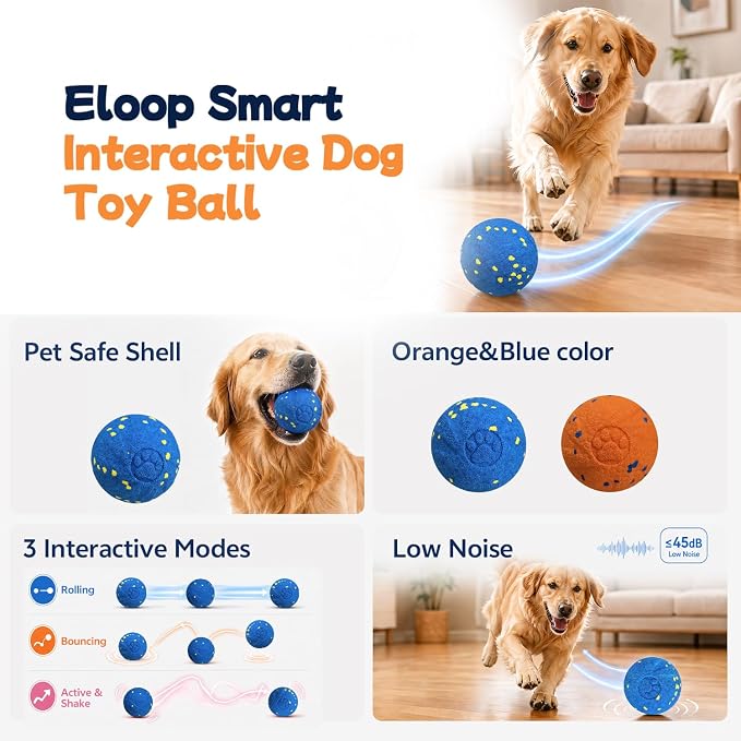 Smart Interactive Dog Toy Ball, 3 Automatic Bouncy Modes, Durable E-TPU Material for Chewing, Rechargeable and IPX7 Waterproof, Enrichment Toy for Medium and Large Dogs (Blue)