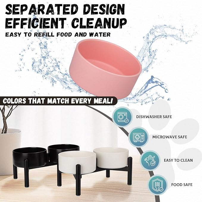 Raised Ceramic Dog Bowl Set - Elevated Double Dishes with Stainless Steel Stand - Food and Water Bowls for Small to Medium Dogs - Each Holds 3.5 Cups (29.57 fl oz) - Black