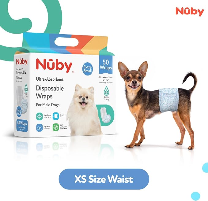 Nuby Pets Disposable Male Dog Wraps with Wetness Indicator, Absorbent & Leak-Resistant Belly Bands for Male Dogs, XSmall (6–13” Waist), 50 Count