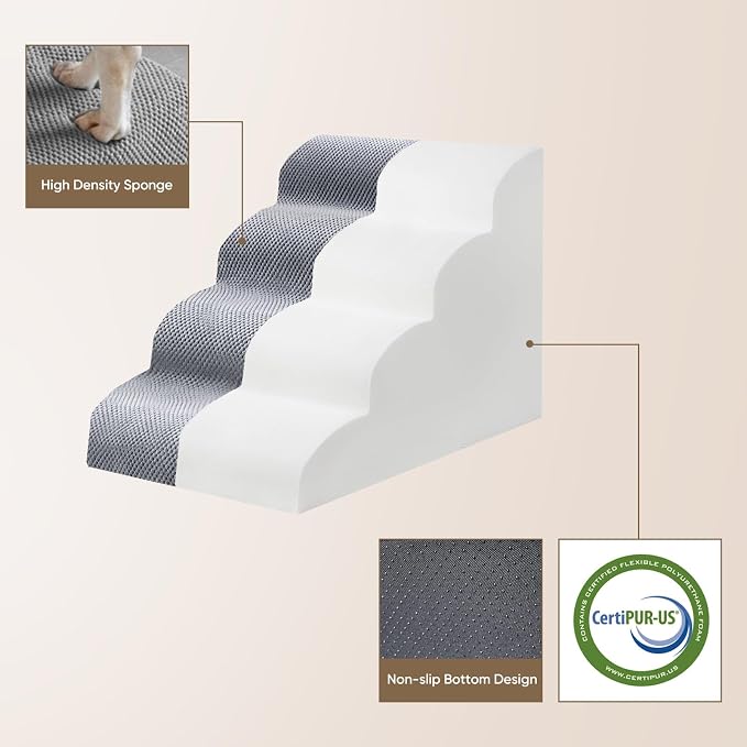 PAWSCRAT Dog Stairs for Small Pets, 11.8" H with 30D Material Soft Foam, Portable Ramp Non-Slip Surface Non-Slip for Couch and High Bed Climbing, 2-Step Stairs for Cat or Dog, LightGrey
