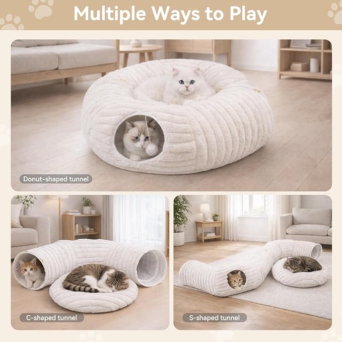Cat Tunnel Bed Cave - Soft Washable Cushion for Indoor Cats, Peekaboo Hideaway Cave for Indoor Cats, Kittens, Puppies, Rabbits, Luxurious Striped Hare-Feel Fabric, Tunnels for Indoor Cats Large(White)